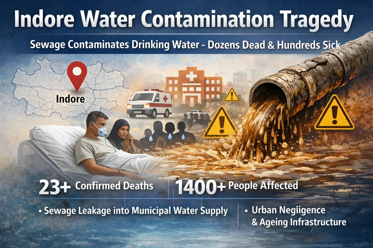 Indore Water Contamination Tragedy | Sewage-Linked Diarrhoea Outbreak Kills 23, Exposes Urban Negligence Indore Water Contamination Tragedy | Sewage-Linked Diarrhoea Outbreak Kills 23, Exposes Urban Negligence